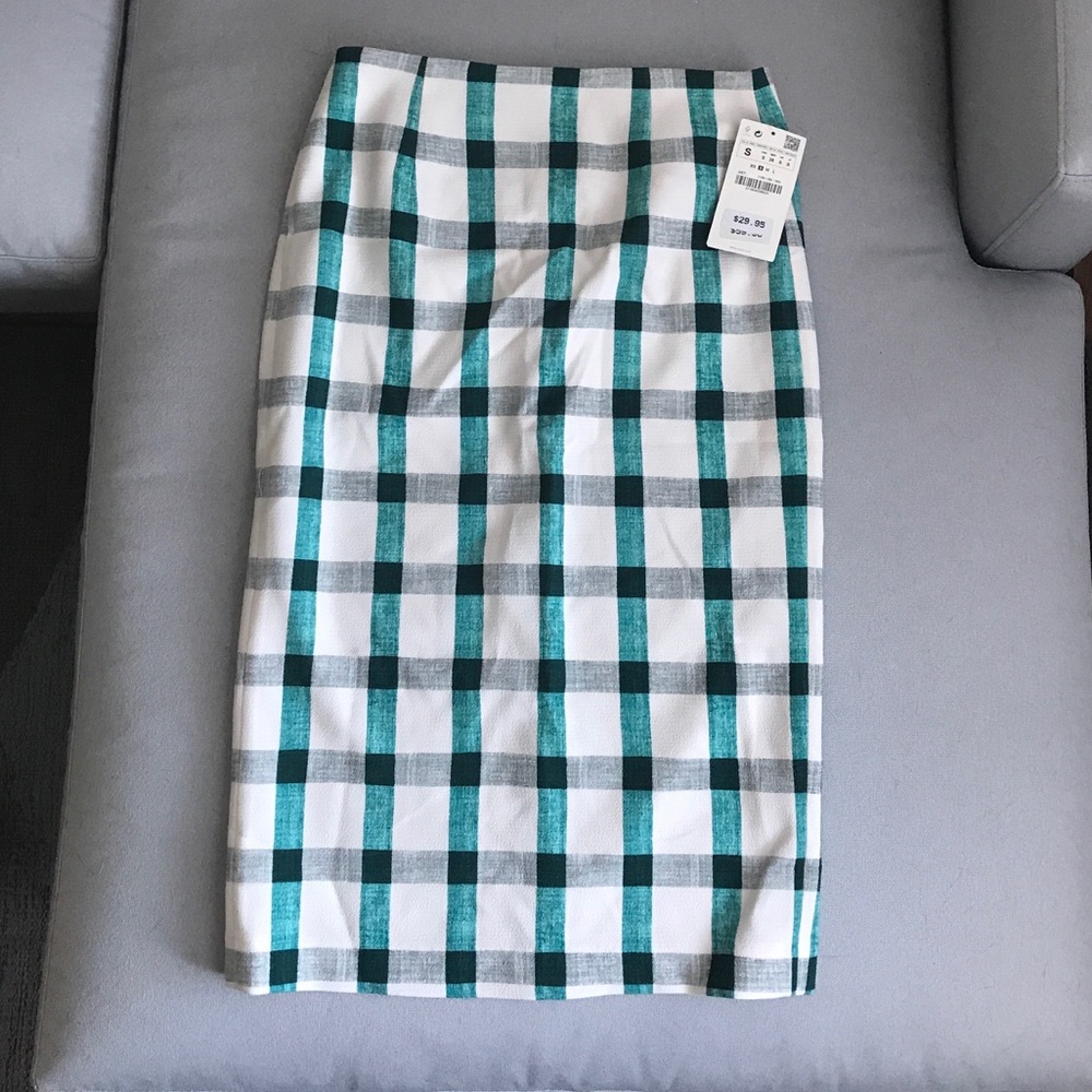 Zara Green Checked Pencil Skirt